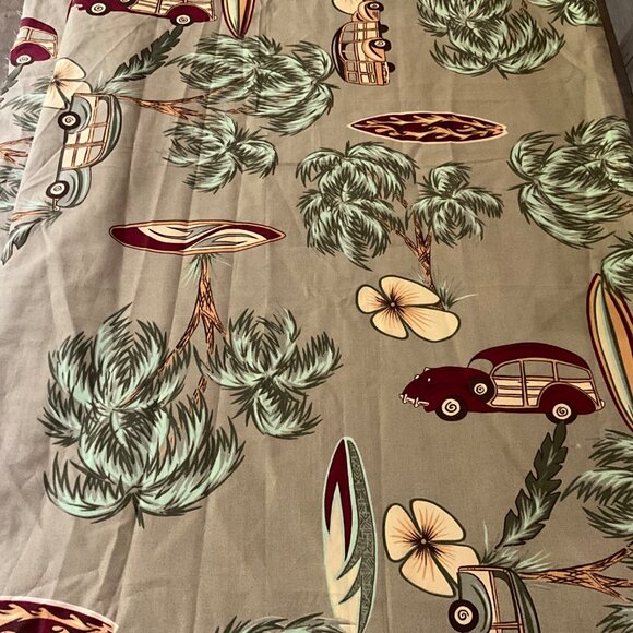 Hawaiian Tiki Beach Woody Car Surfboard Palm Trees Fabric 90" Wide x 64" - Picture 2 of 5
